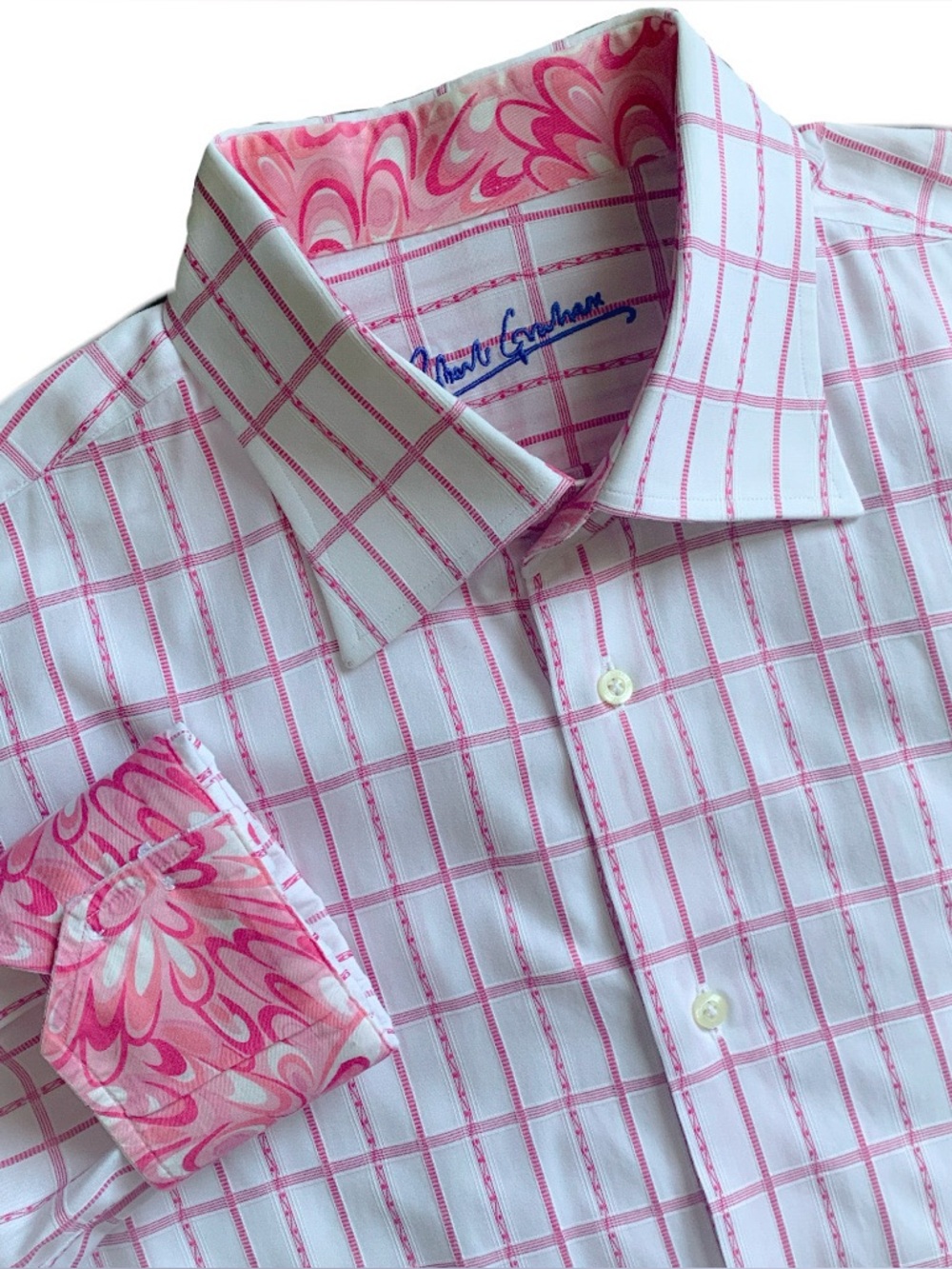 Robert Graham Floral Flip Cuff Pink Windowpane Button Up Shirt Size XL 17.5